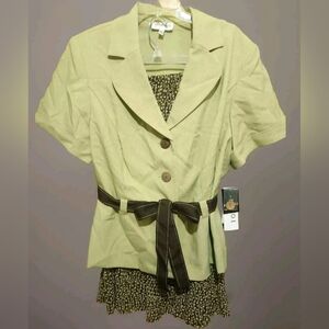 NWT Studio I 2-piece Dress Green & Brown Womens Sz 24 Woven Top Chiffon Skirt